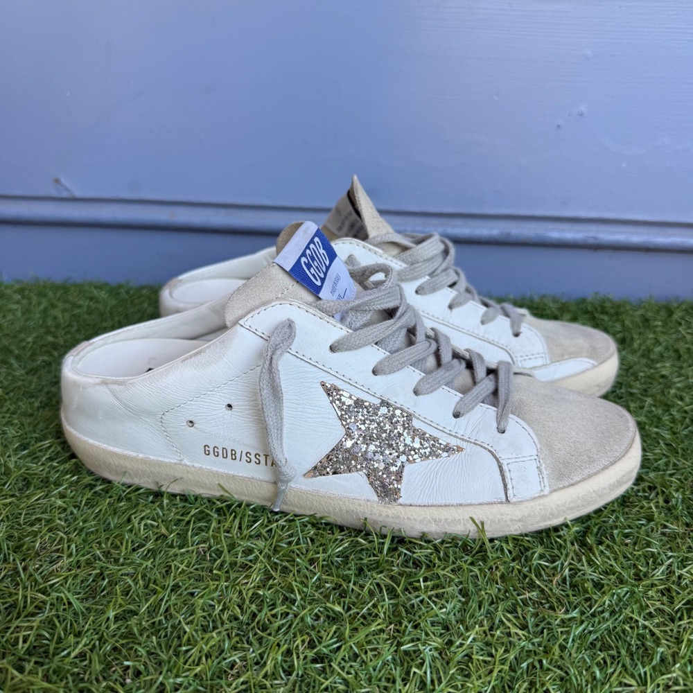 Golden Goose Deluxe Brand Super-Star Sabot White Glitter Star Mules Size 38